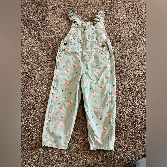 OshKosh B'gosh Mint Floral Overalls - Picture 1 of 4
